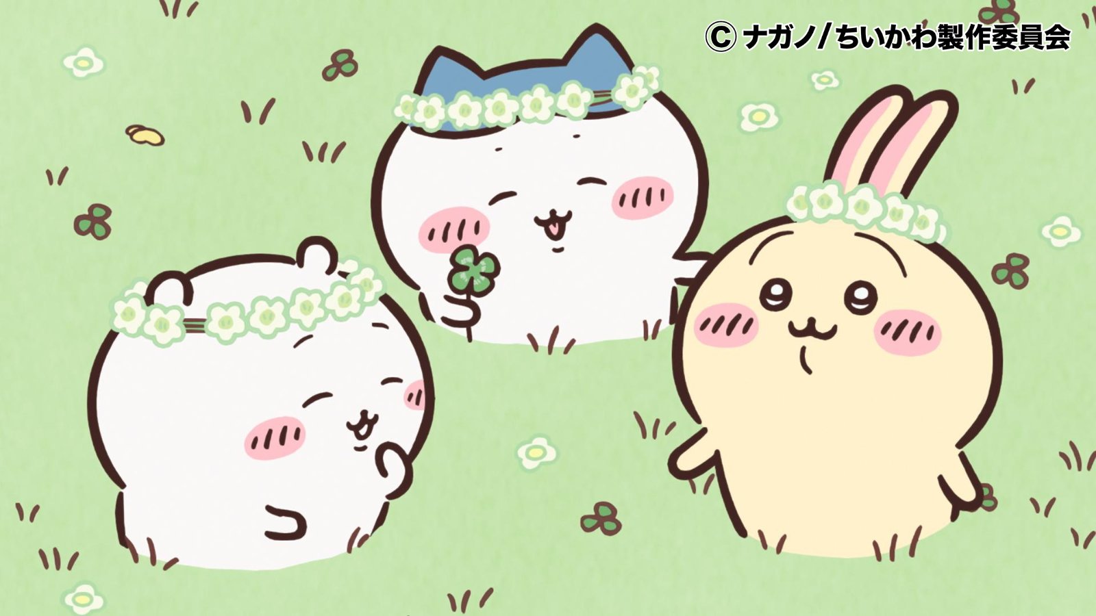 Chiikawa and friends wearing flower crowns