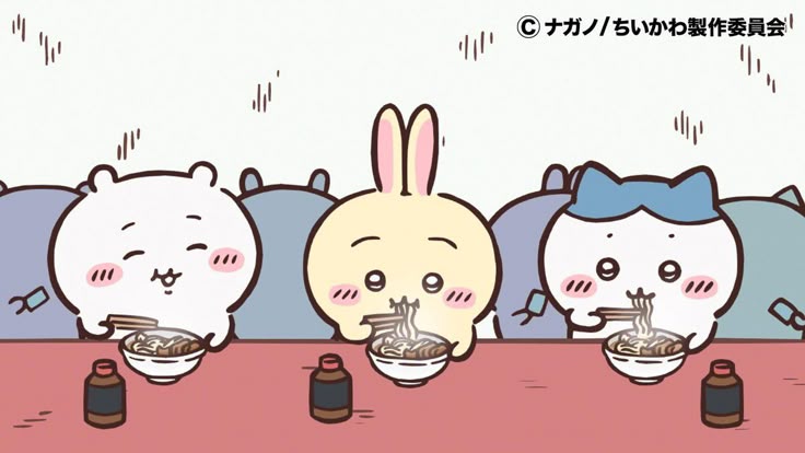 Chiikawa and friends eating ramen together